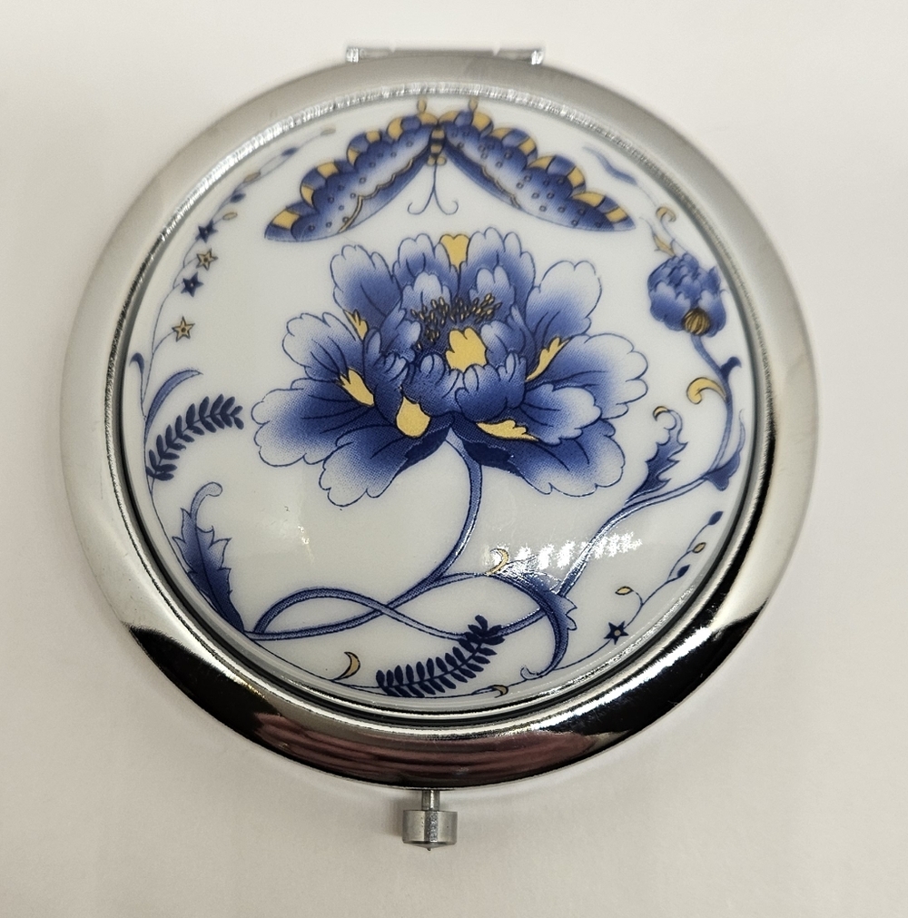 Flower Butterfly Compact Mirror Genuine Porcelain Blue White Make Up